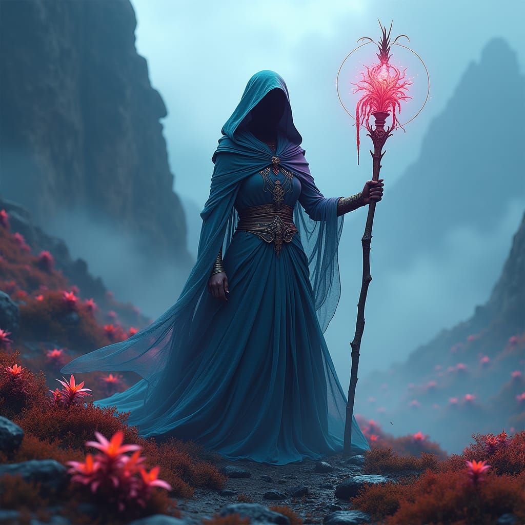 Mystical Warrior Woman in Alien Landscape