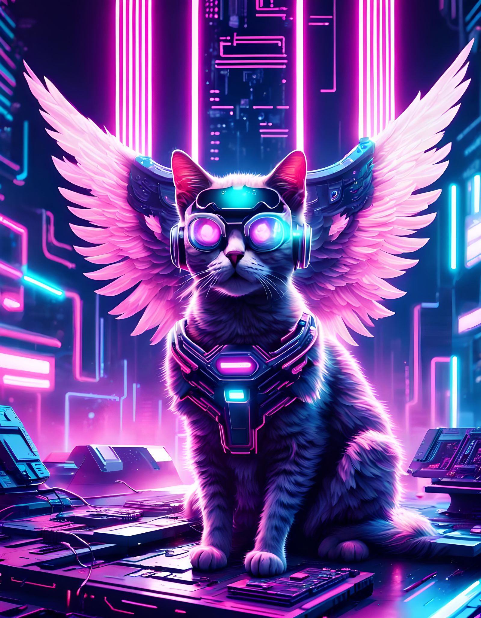 Cyberpunk Angel Cat in Virtual Reality