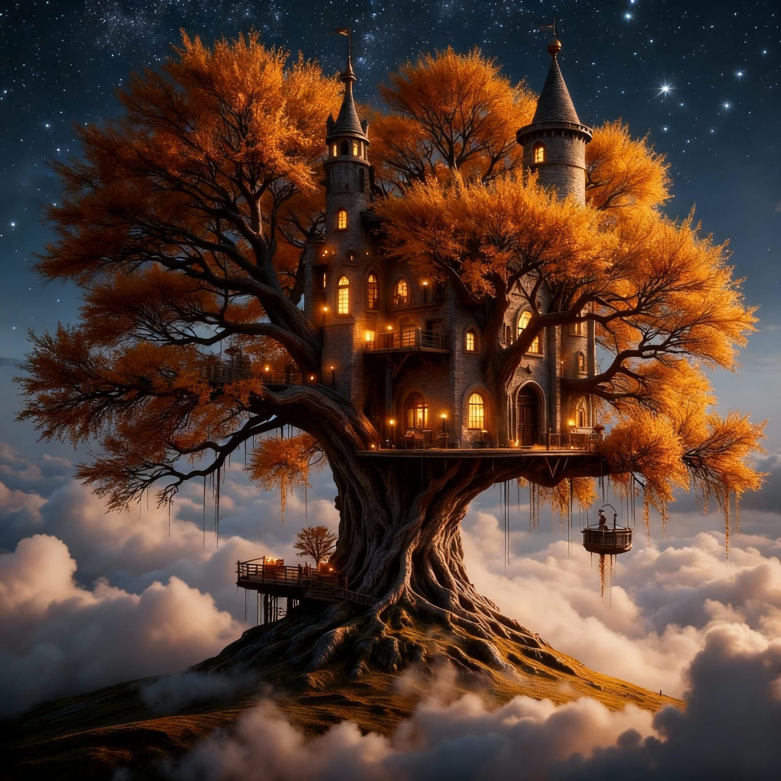 Steampunk Castle Treehouse in Dying Golden Tree