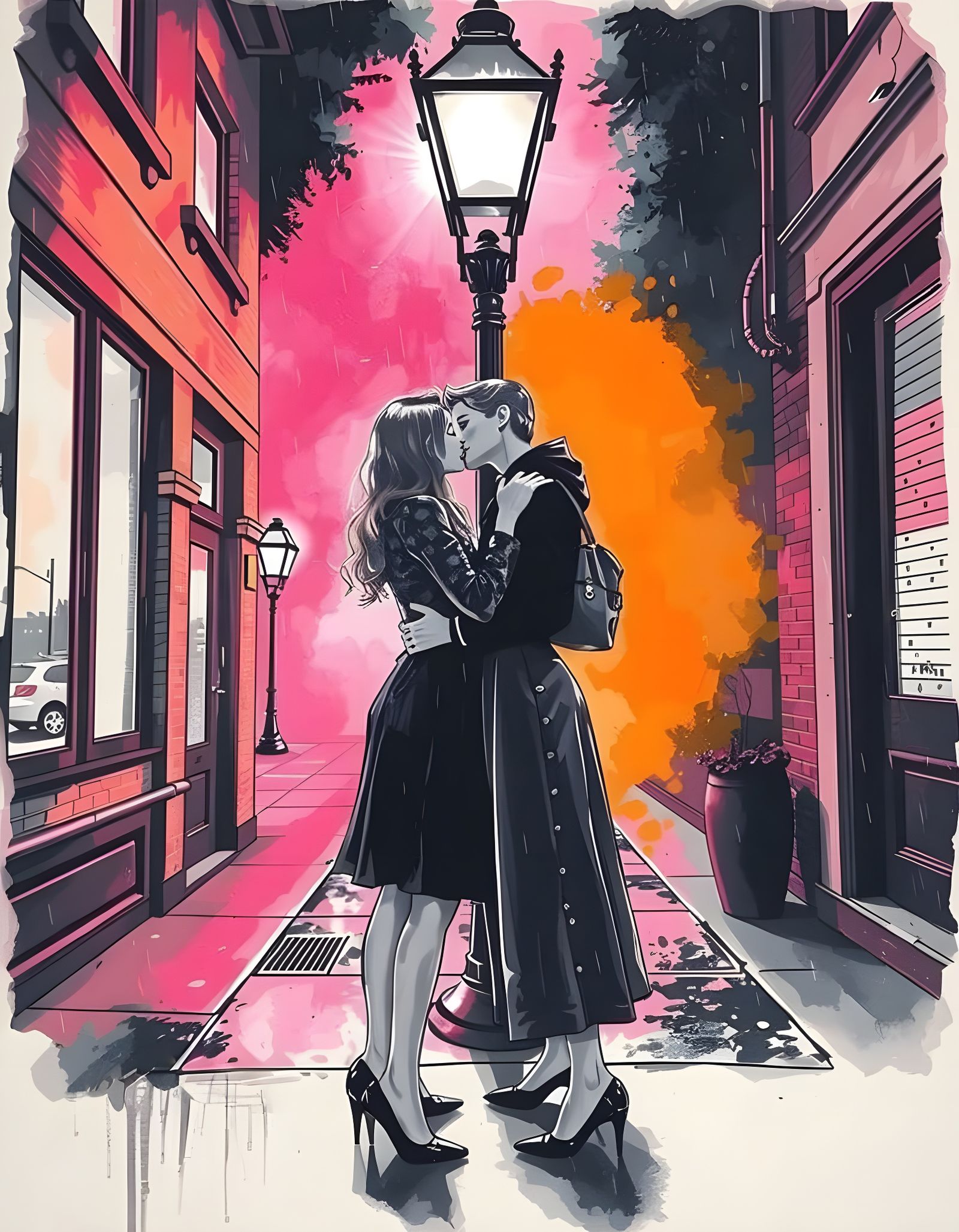 Women in Noir-Inspired Ink Drawing Kissing under Streetlight