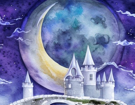 Medieval Castle Under Moon in Watercolor Style