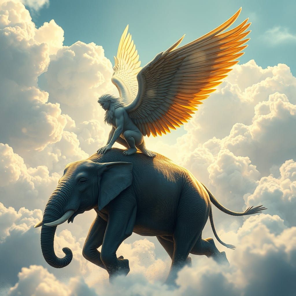 Angel on Elephant in the Clouds, Detailed Art