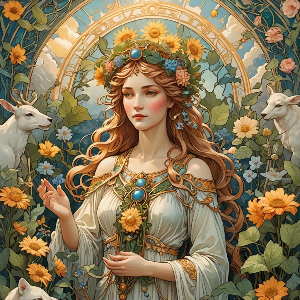 Nature Goddess Surrounded by Animals, Art Nouveau
