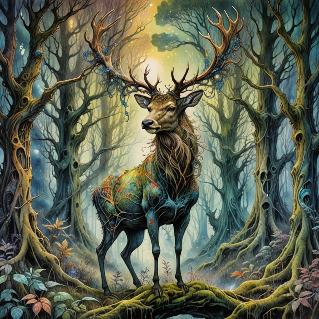 Surreal Nebular Forest Unfolds with Stag Amidst Gnarled Tree...