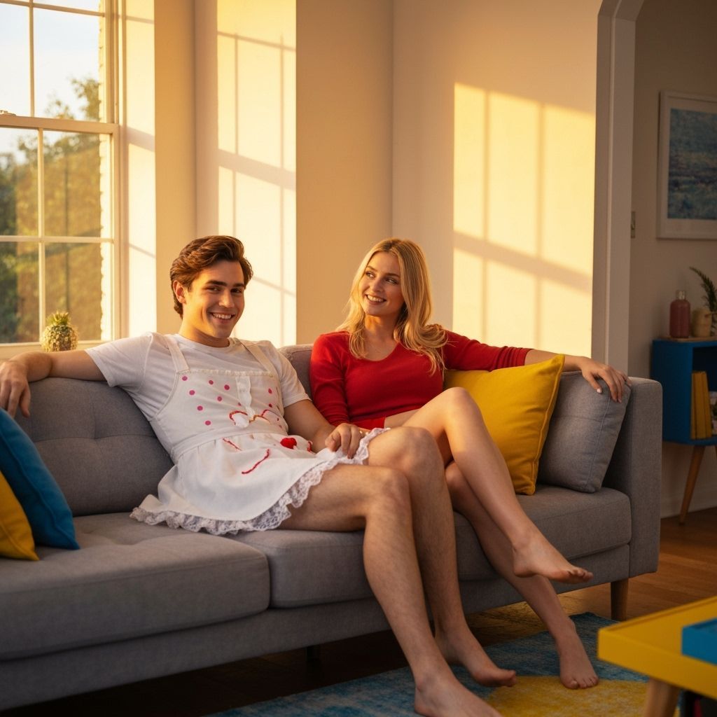 Playful Cross-dressing Scene in a Cozy Living Room