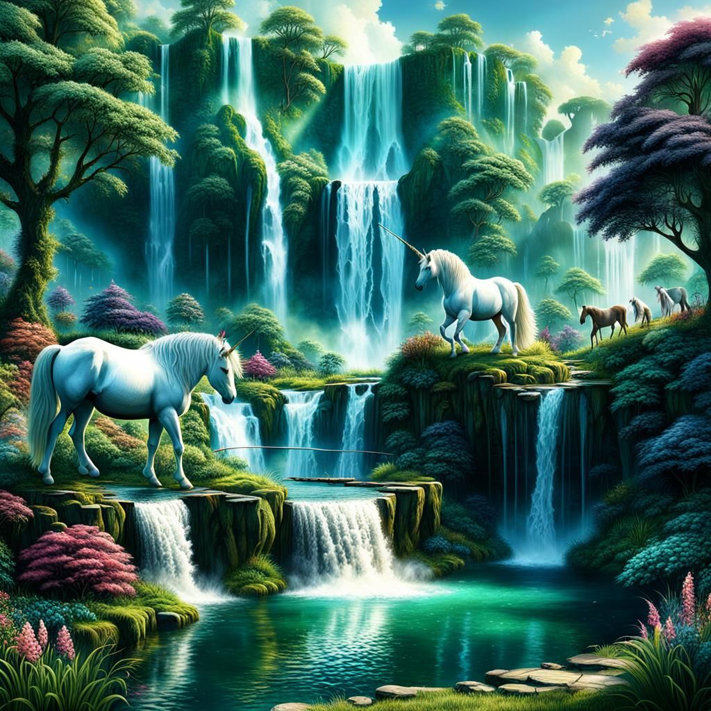 Unicorns in a Magical Garden Waterfall Scene