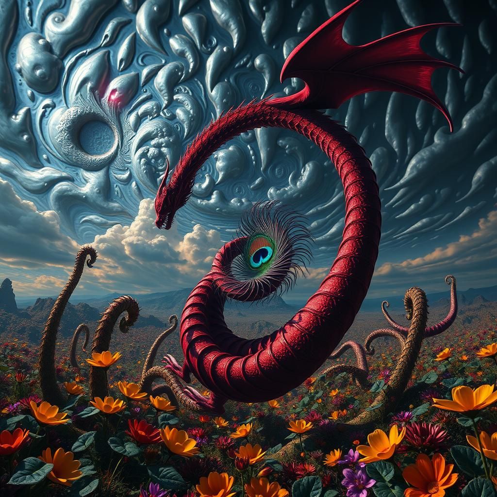 Surreal Landscape with Dragon, Detailed Digital Art