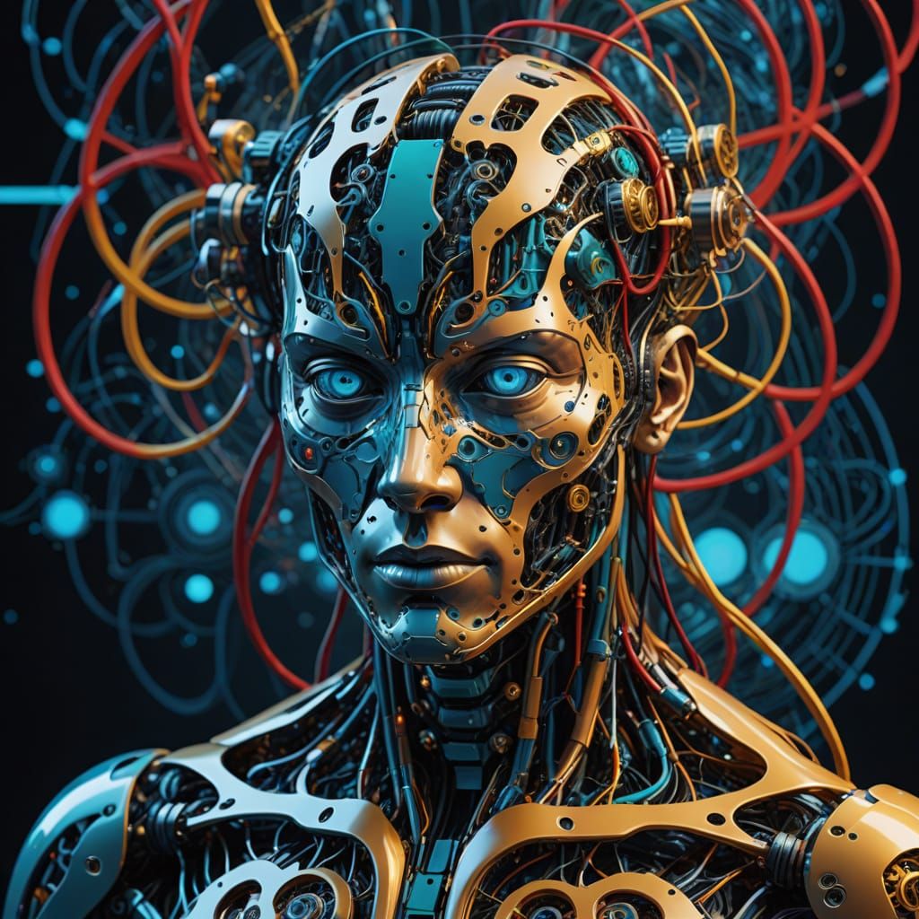 Evolving Humanoid Figure with Abstract Cosmic Background