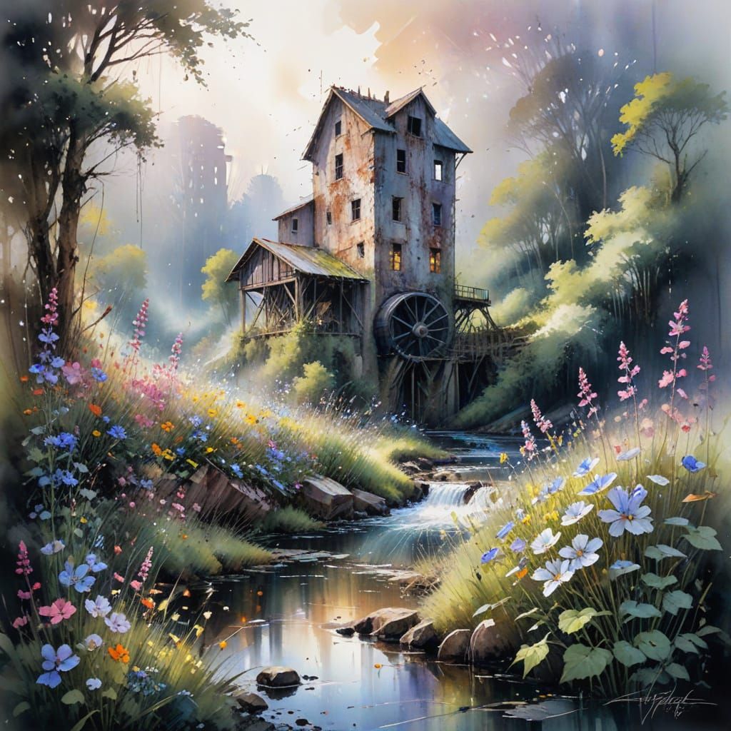 Abandoned Mill in Spring Wildflowers Watercolor Art