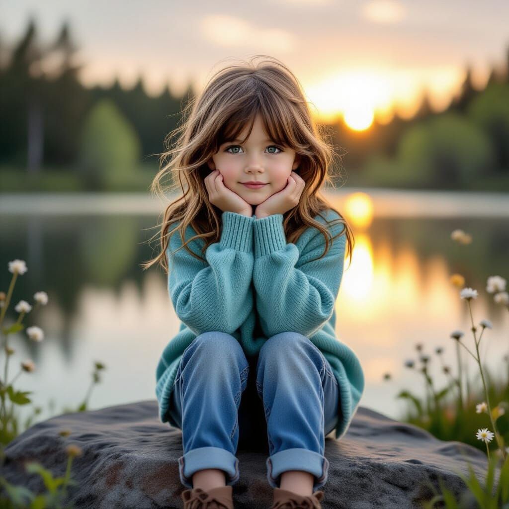 Girl by Lake at Sunset in Ethereal Fantasy Style