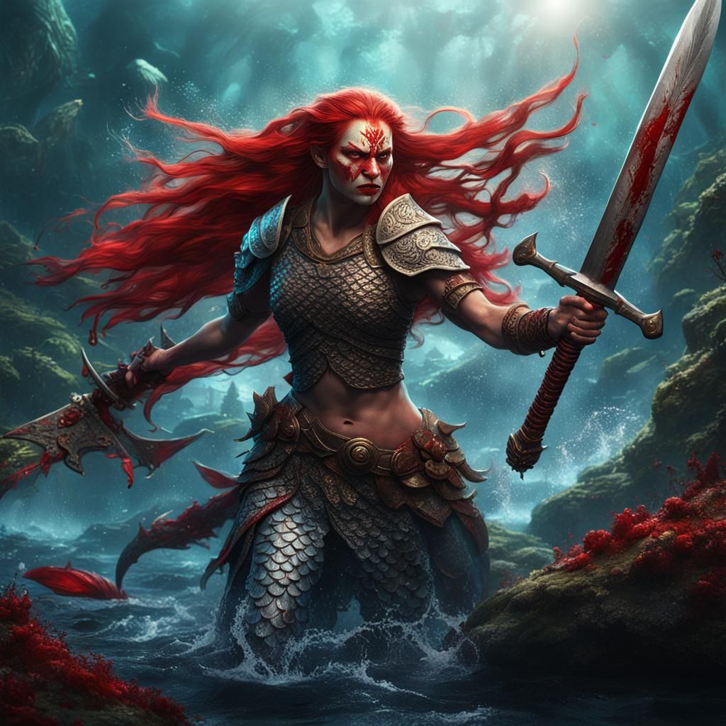 Furious Slavic Warrior and Mermaid with Sword