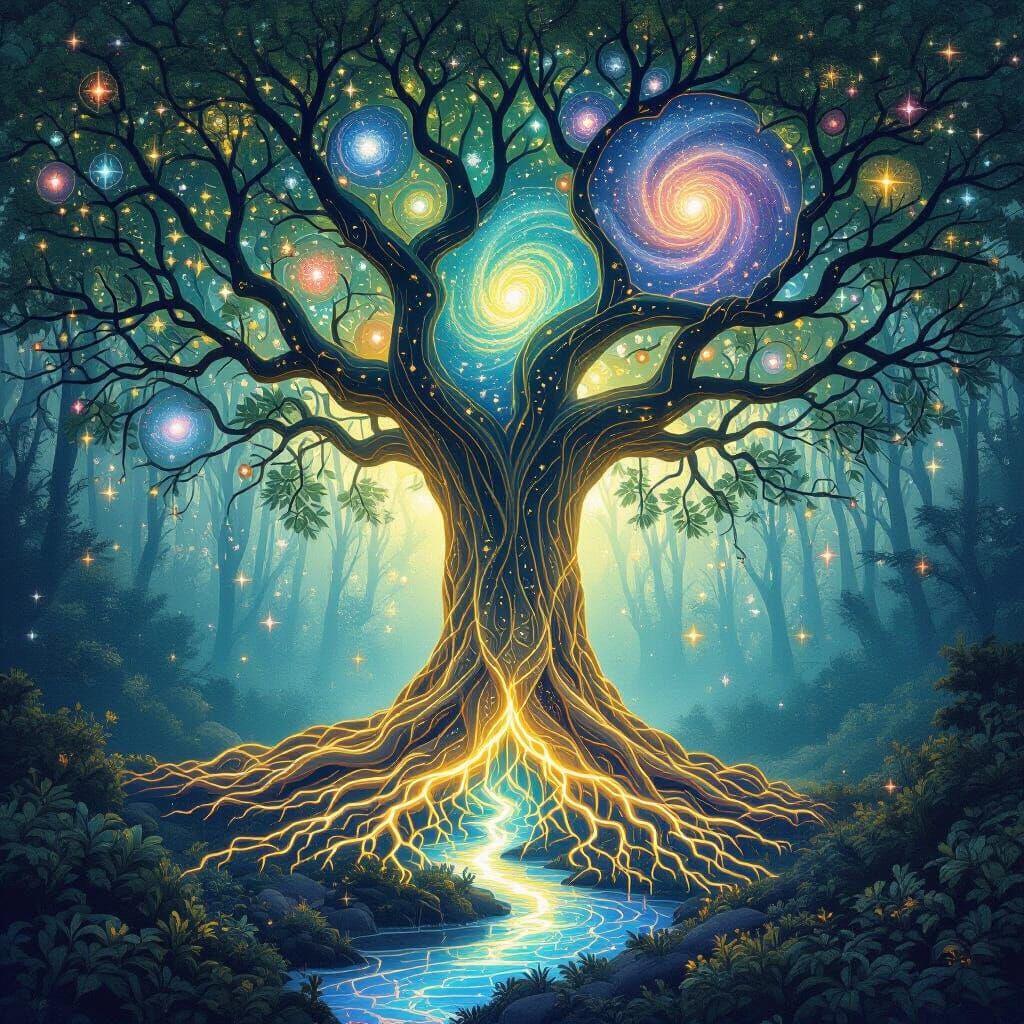 Celestial Tree with Glowing Roots in Enchanted Forest