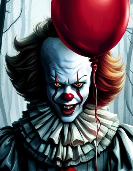 Pennywise Portrait with Red Balloon in Rainy Forest
