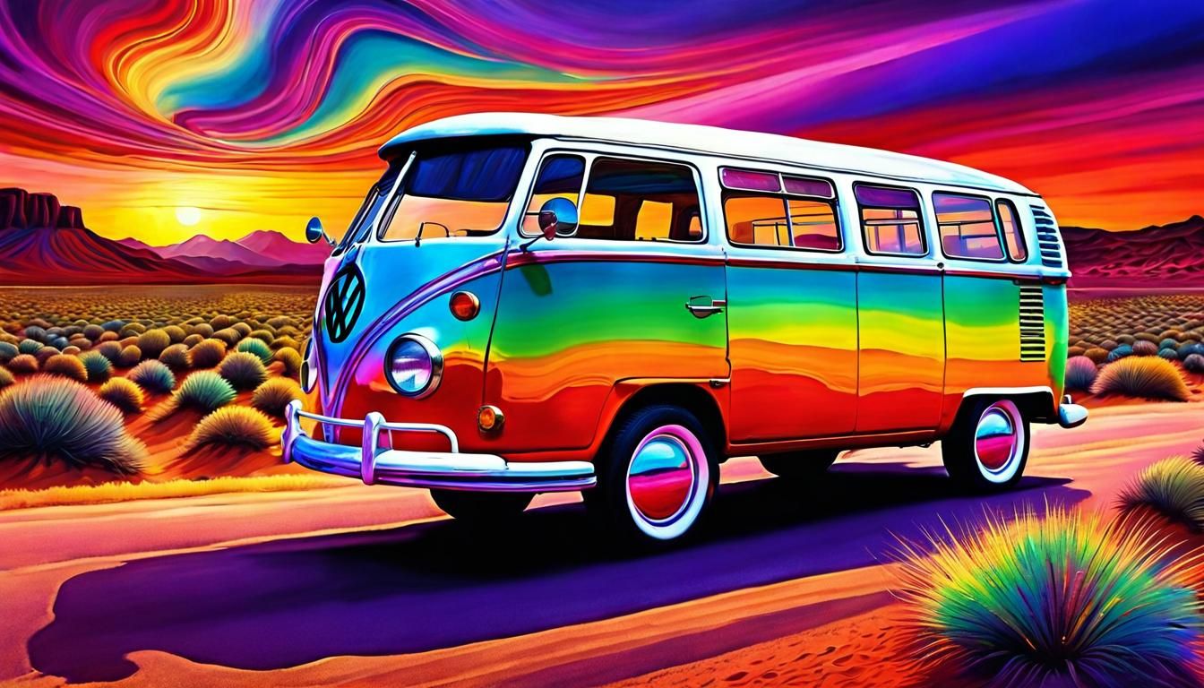 Vibrant 1960s VW Bus on Desert Road