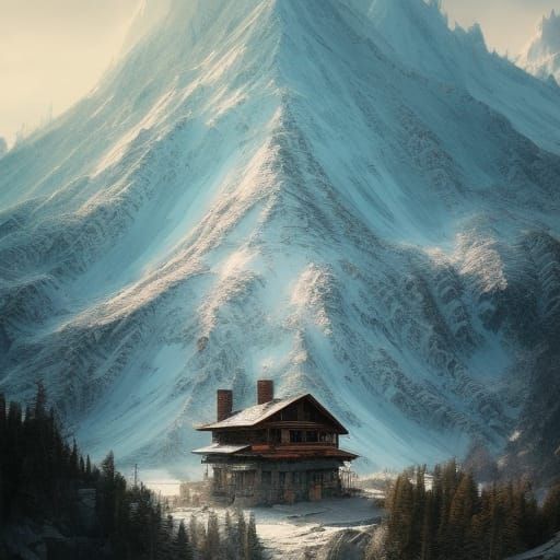 Snowy Mountain Peaks and Cabin: Hyperdetailed Photography