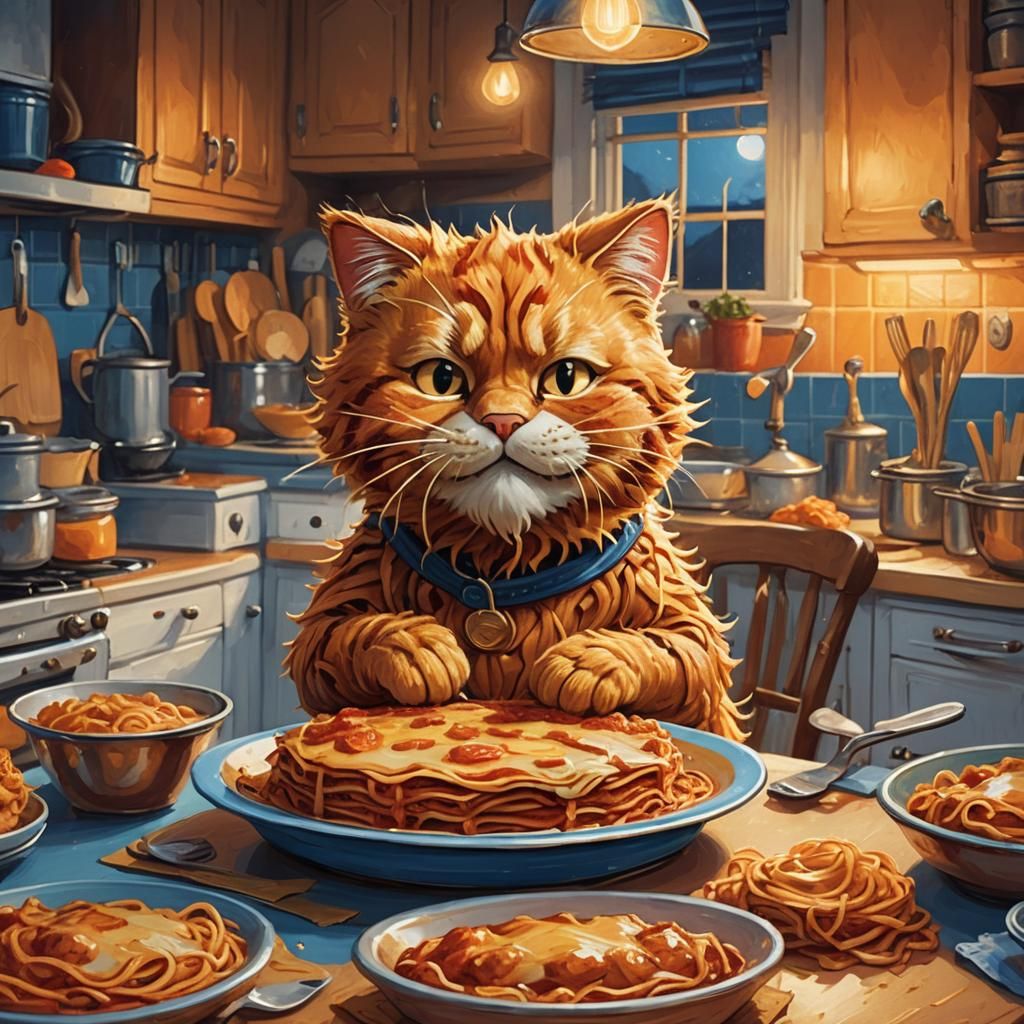 Garfield Surrounded by Lasagna in Cartoon Style