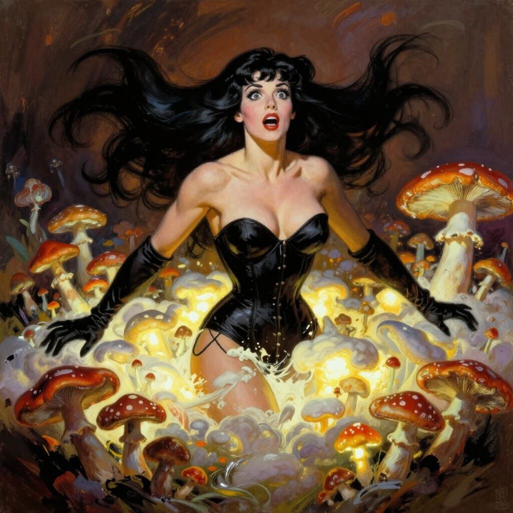 Frazetta Style Fantasy: Woman Sinks Into Glowing Mushrooms