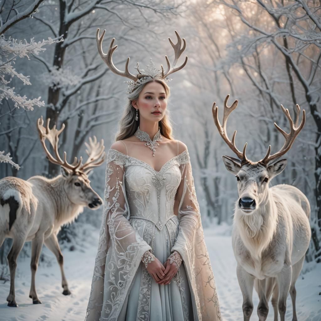 Majestic White Reindeer in Snowy Forest, Hyperrealistic
