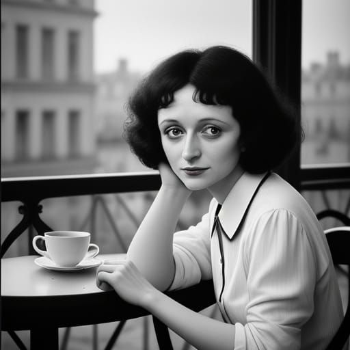 Youthful Edith Piaf in Parisian Café, Soft Focus Black and W...