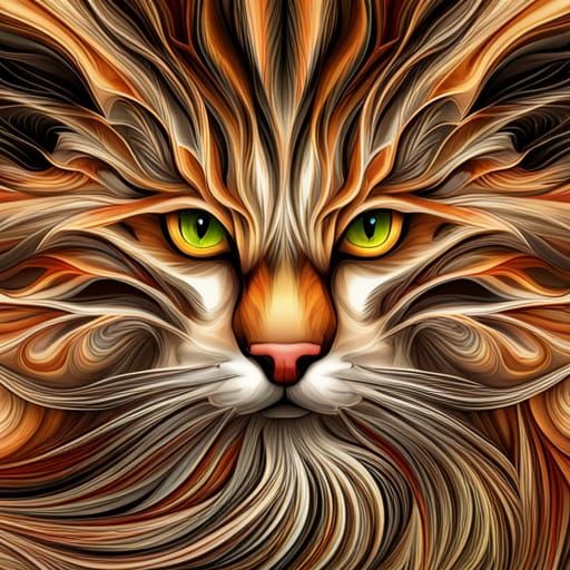 Intricate Fractal Cat with Long Fur in Warm Colors