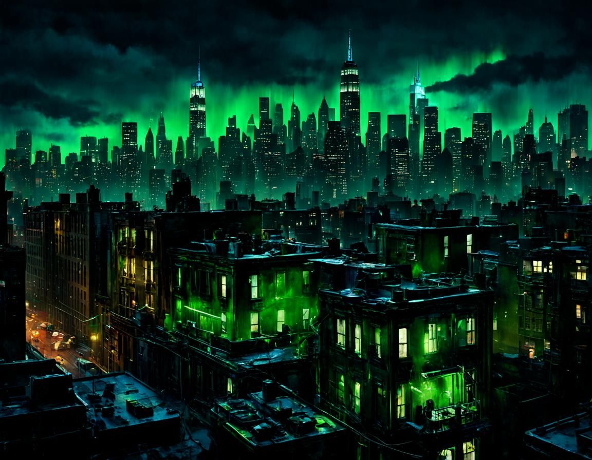 Eerie Neo-Noir New York Skyline with Ghostly Glow