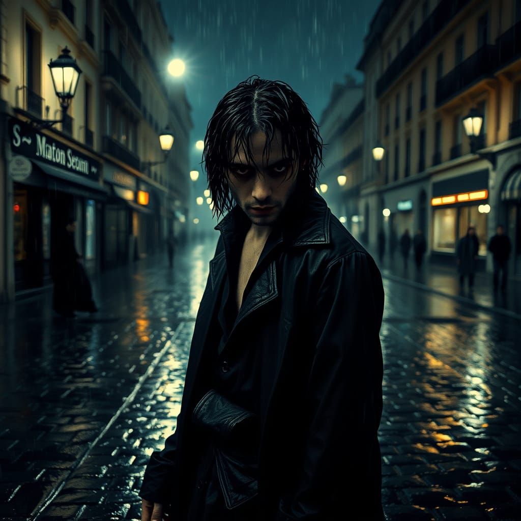 Drenched Vampire in Rainy Paris at Night
