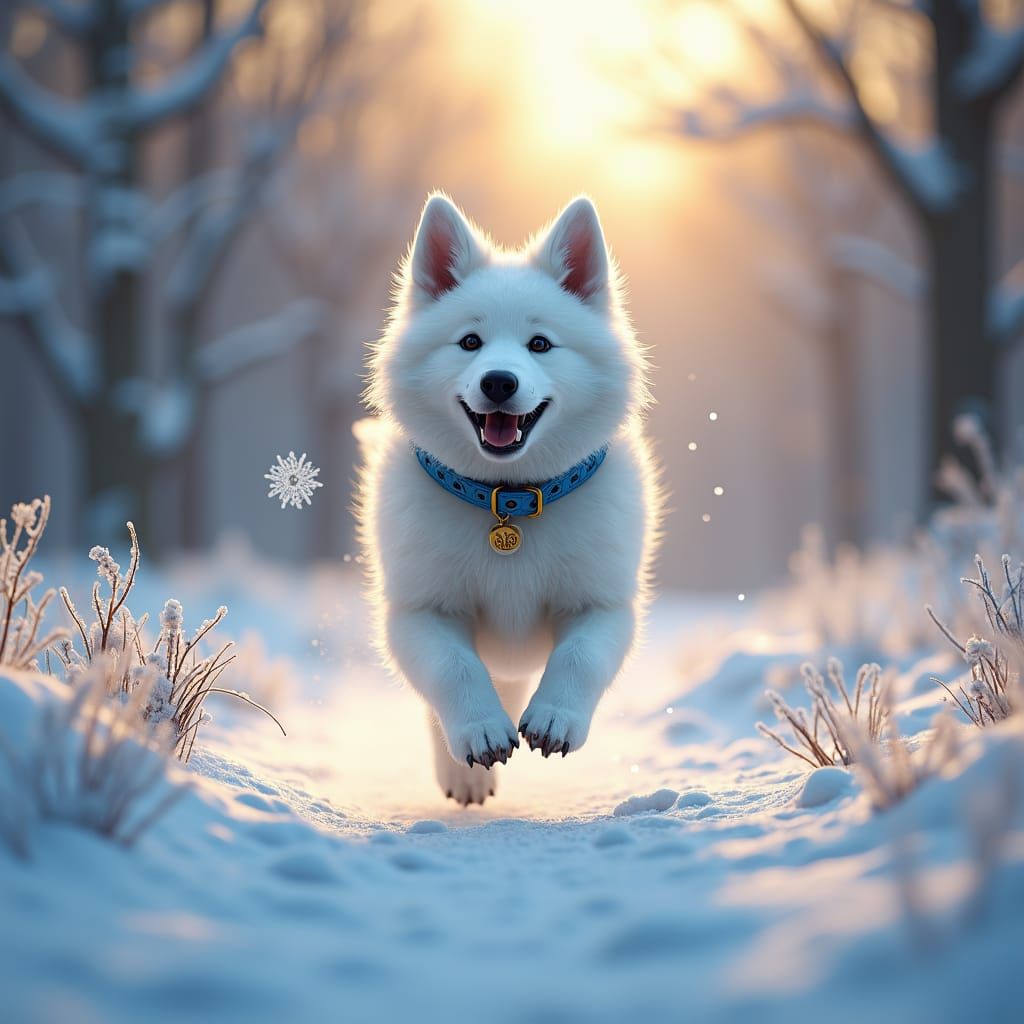 Joyful White Shepherd Runs in Snowy Winter Wonderland