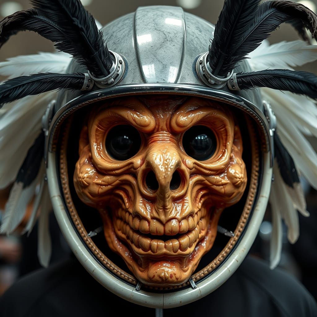 Ethereal Latex Masked Figure with Feathers and Lard