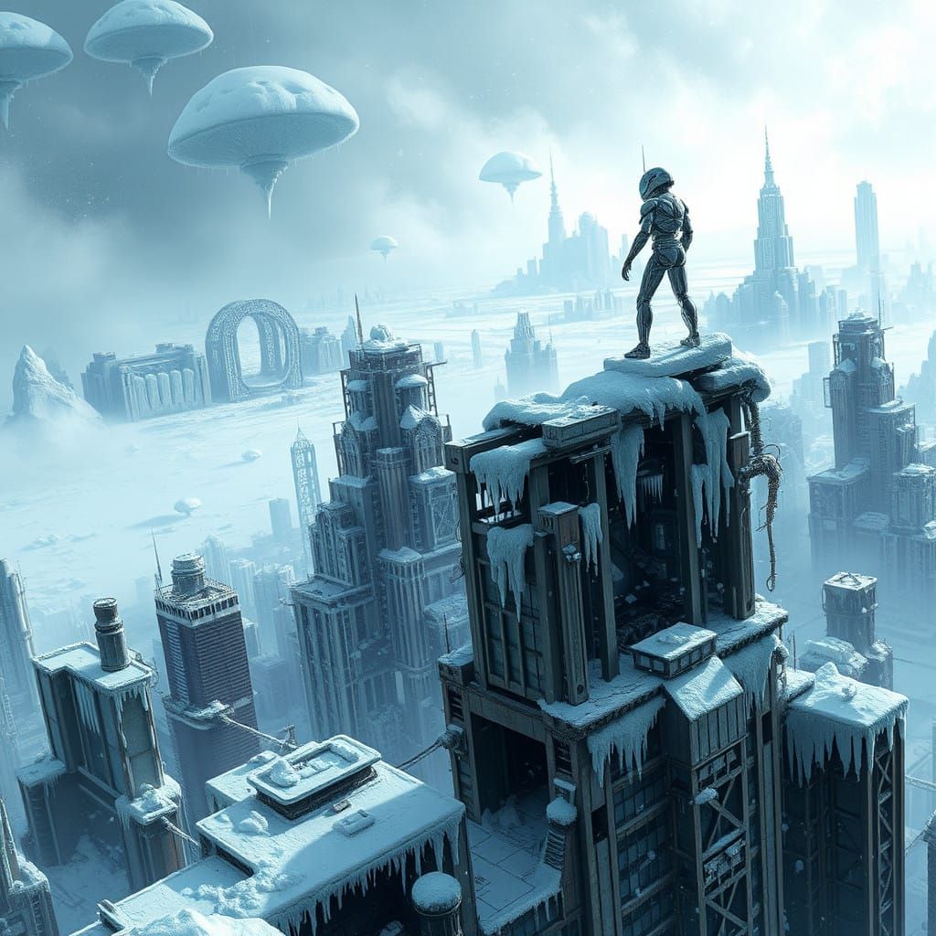 Robot Humanoid Surveys Apocalypse Ruins in Cyberpunk Landsca...