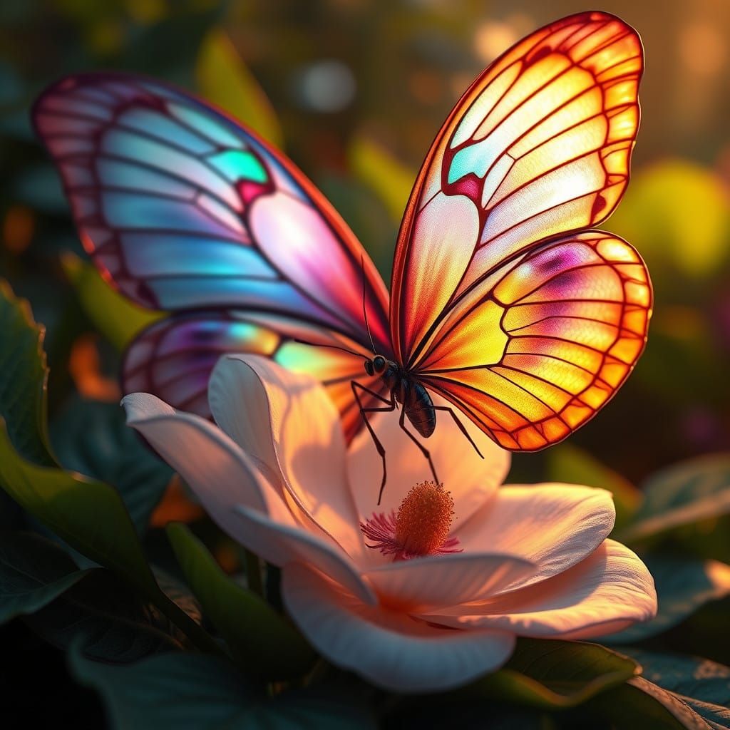 Vibrant Floral Scene with Iridescent Butterfly in Hyperreali...