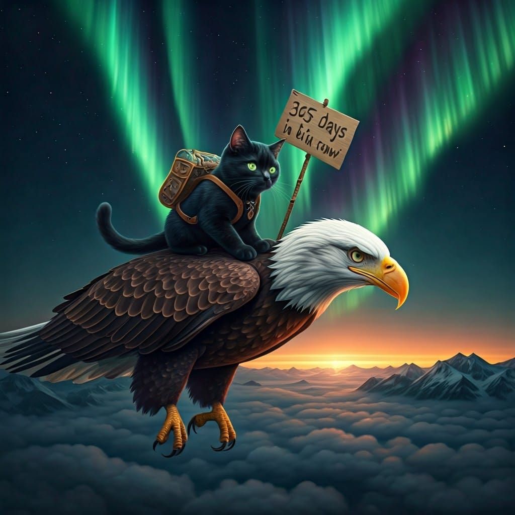 Majestic Eagle and Enchanted Feline Soar Through Ethereal Sk...