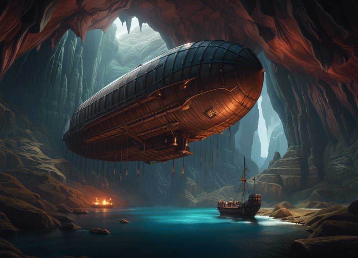Airship Inside Giant Cave: Fantasy Concept Art