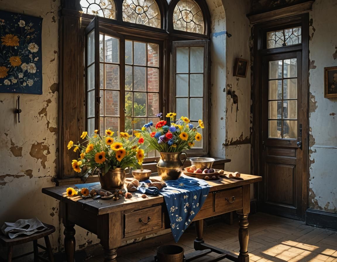 Golden and Delft Blue Flowers by Window, Hyperrealism