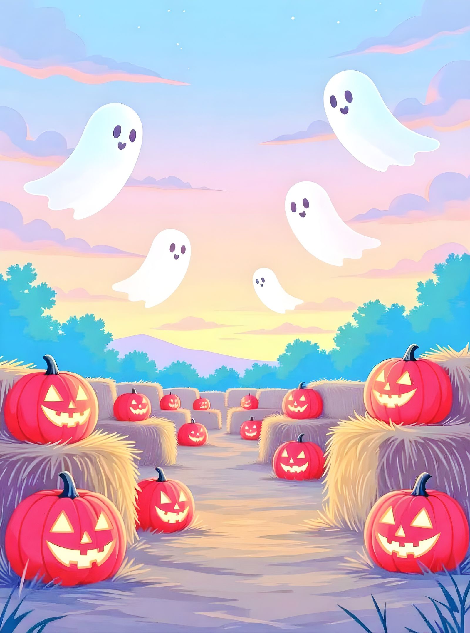 Pastel Twilight Harvest Celebration with Glowing Pumpkins