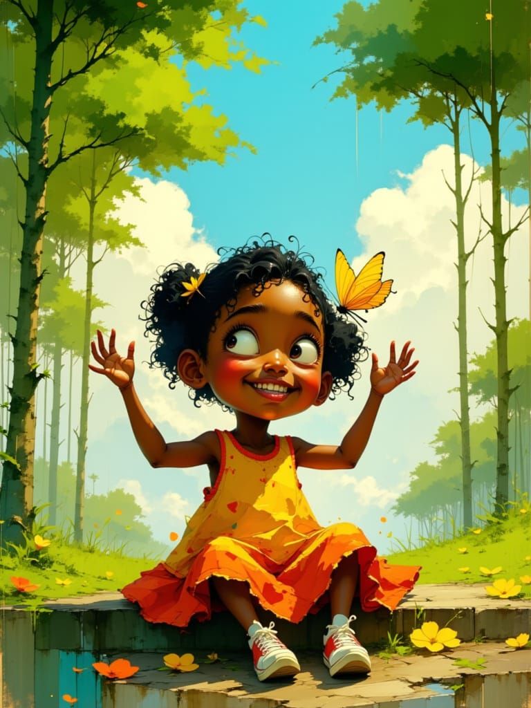 Joyful Black Child with Butterfly, Pixar-Inspired Animation