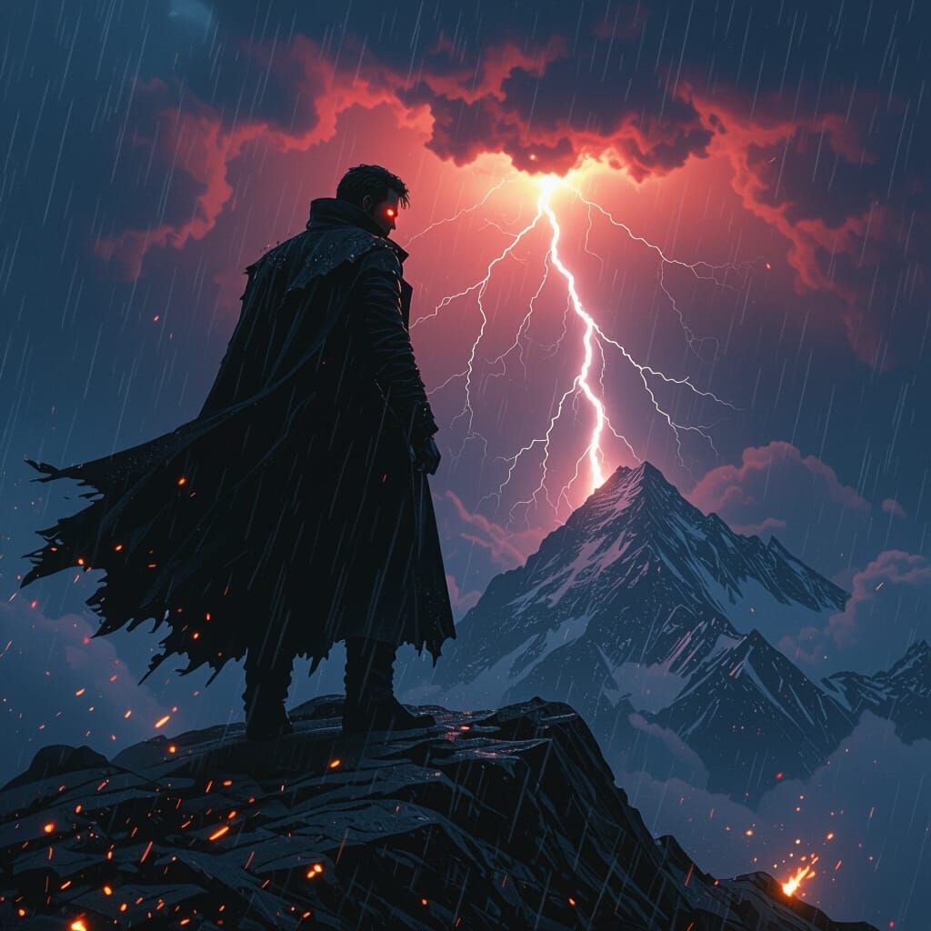 Furious Man on Mountain Peak in Dark Futurism