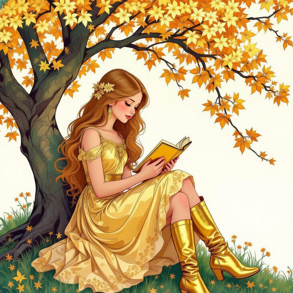 Golden Girl Reading Under Tree in Art Nouveau Style