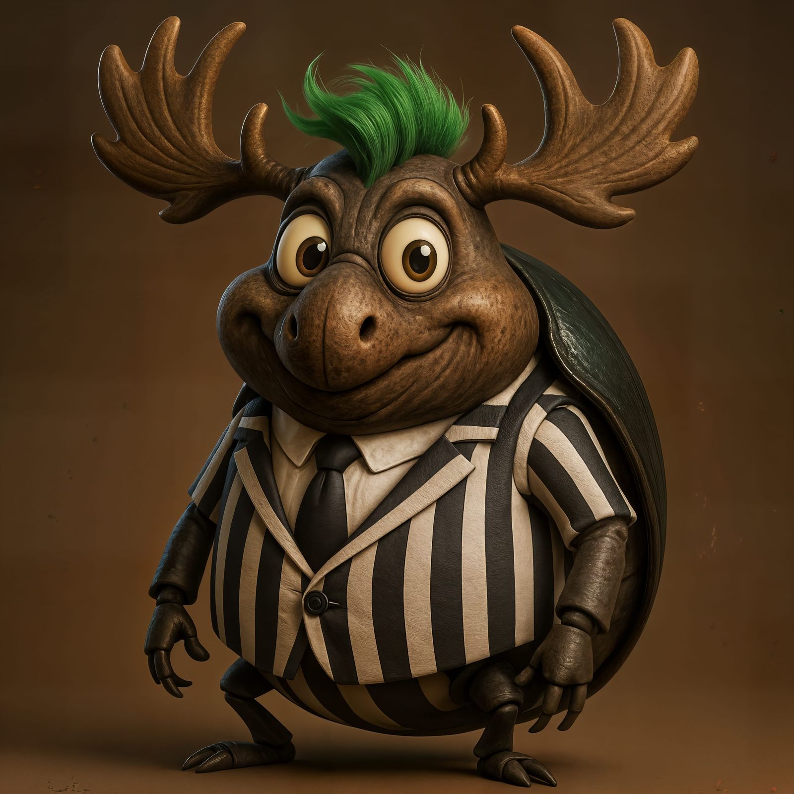 CGI Cartoon: Half Beetle, Half Moose in Striped Suit