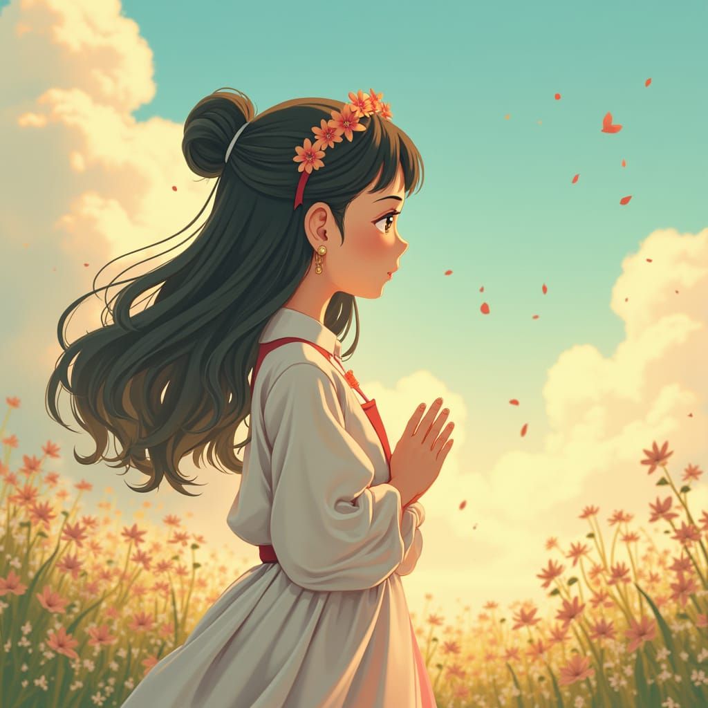 Woman in Devout Prayer with Floral Script in Soft Pastel Bac...