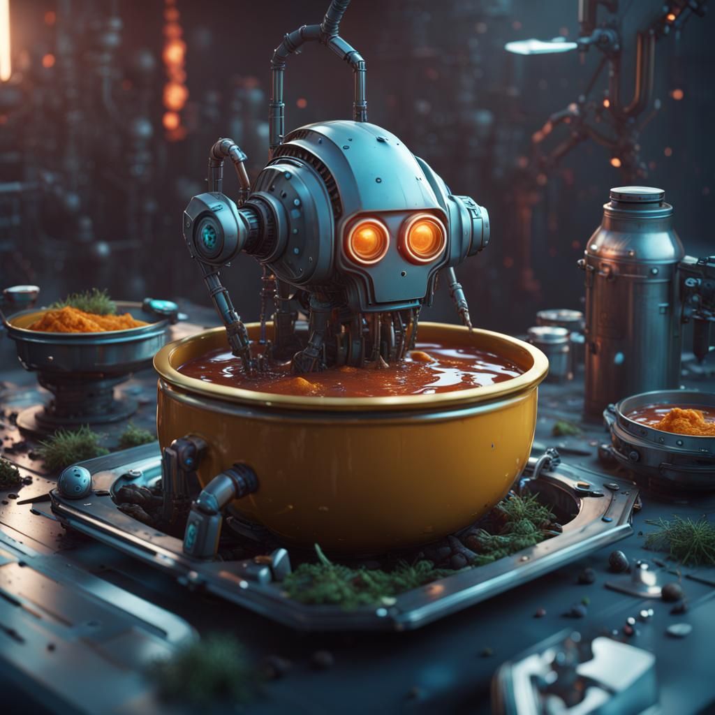Cybernetic Robotic Soup Bowl: Detailed Matte Painting