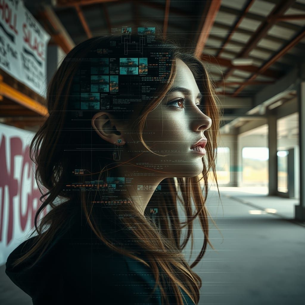 Glitch Artifact-Girl in Abandoned Warehouse