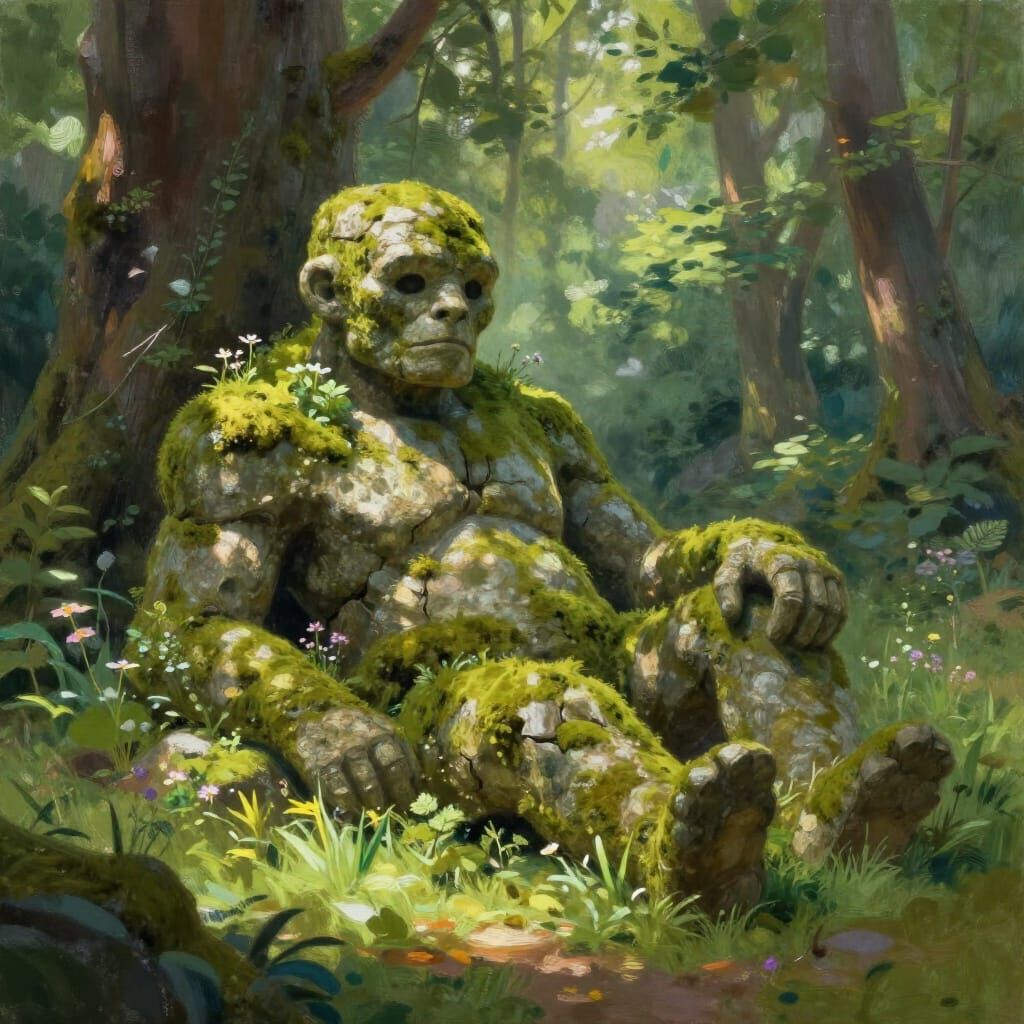 Mossy Stone Golem in Enchanted Forest Glade