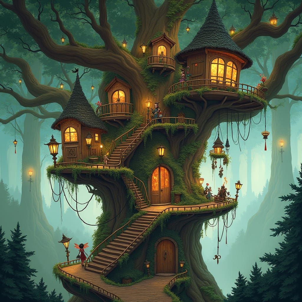 Enchanted Treehouse City Inspired by Studio Ghibli