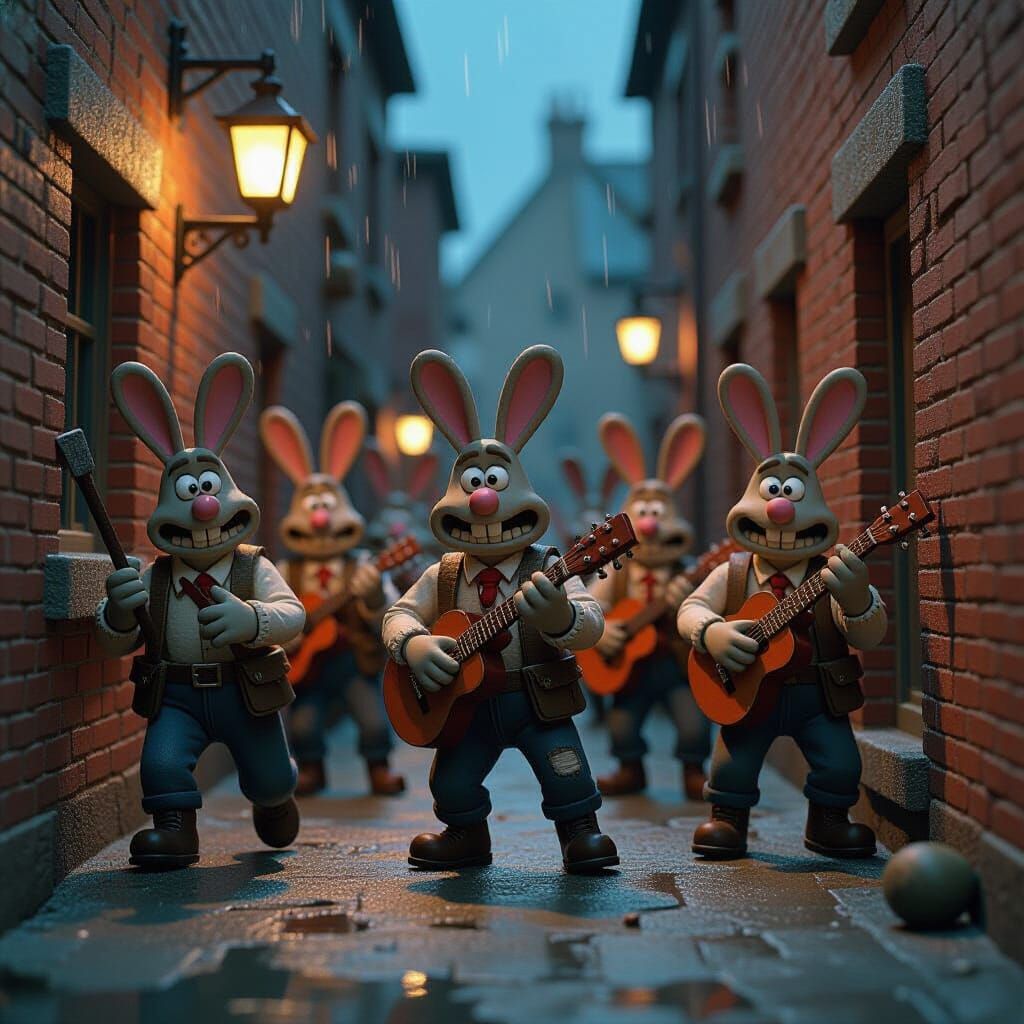 Riotous Rabbits in Grimy Alleyway Under Heavy Rain