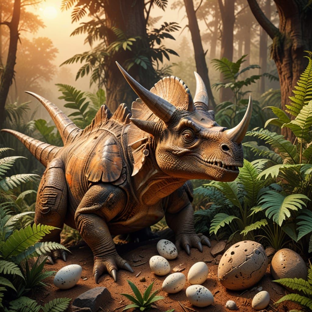 Triceratops Family Nesting in Prehistoric Landscape