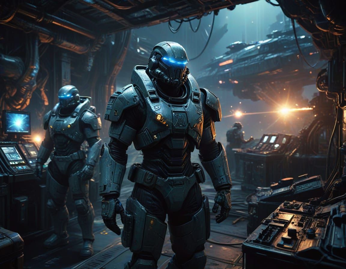 Space Marines Prepare for Mission at Bustling Spaceport