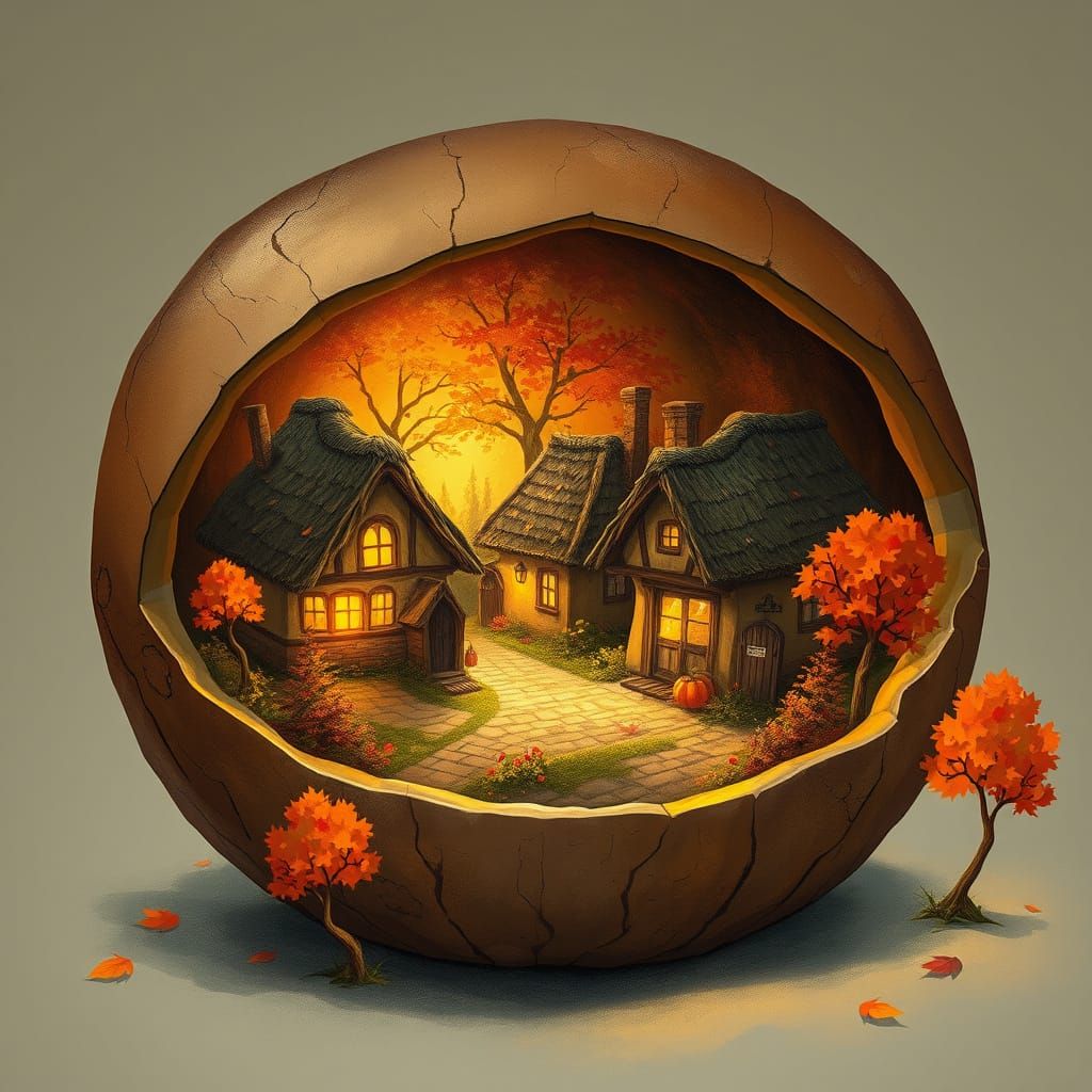 Miniature Autumn Village Inside a Nutshell Illustration