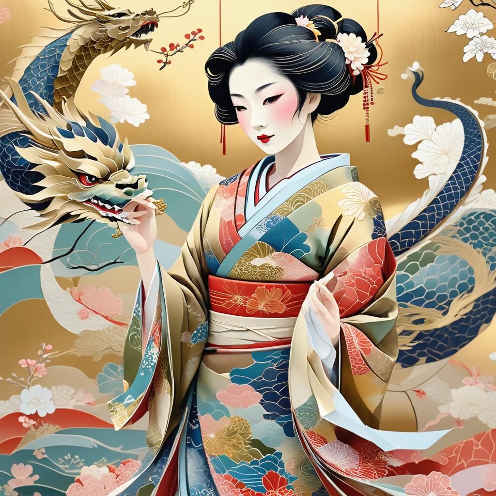 Geisha and Dragon Dance in Ukiyo-e Style