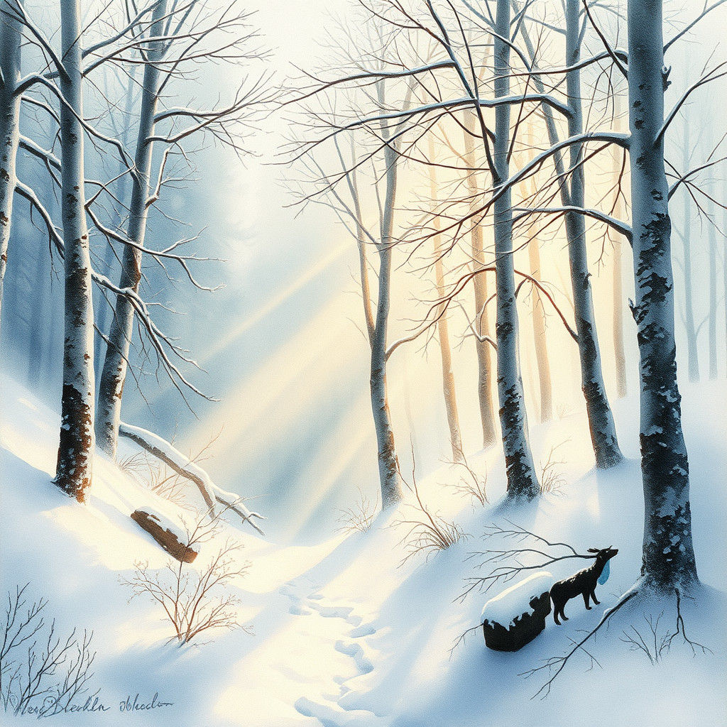 Sunlit Winter Forest in Whimsical Watercolor Style