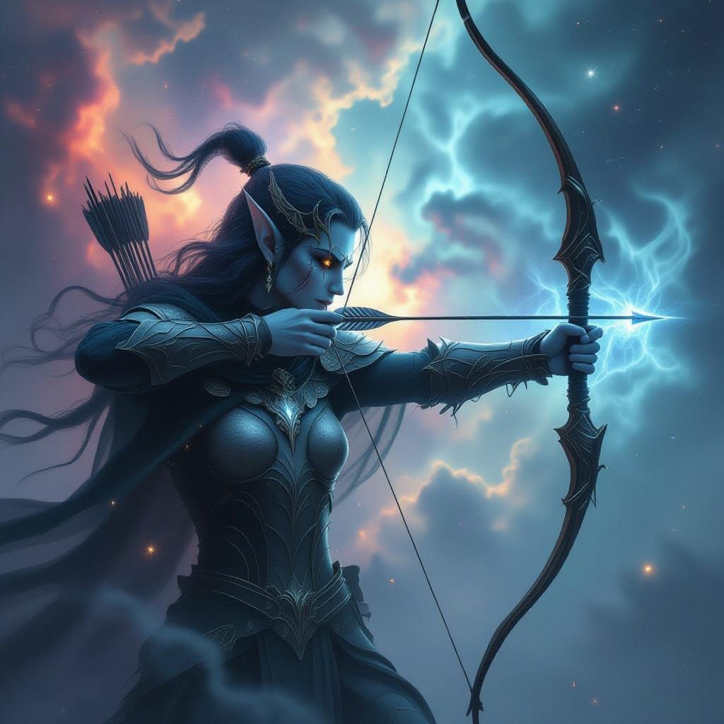 Spectral Elven Archer in Cosmic Nebula, Blending Fantasy and...
